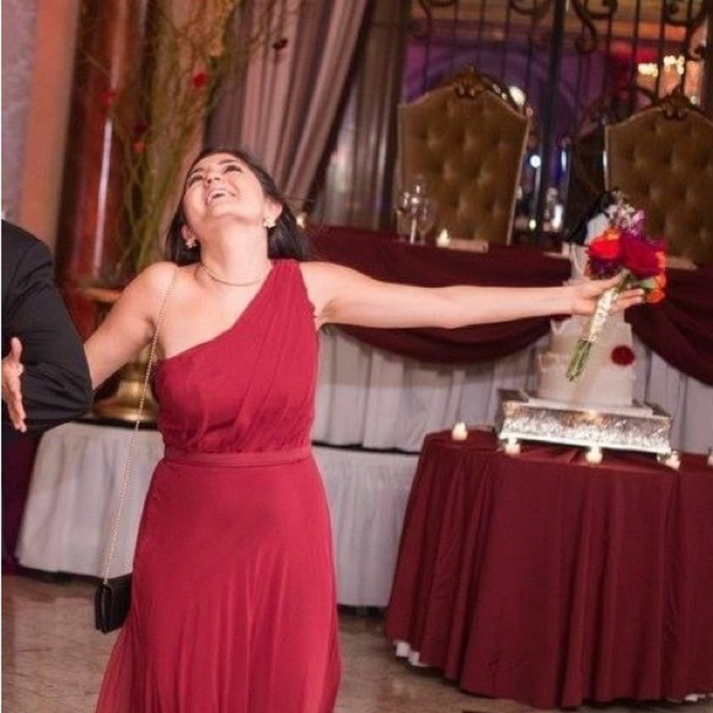 Draped one-shoulder burgundy maxi dress